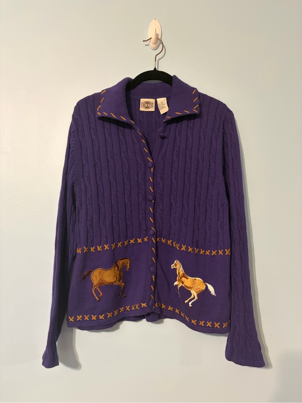 Rod’s Sweater Purple Horse-Embroidered Cable Knit Cardigan Sweater Medium